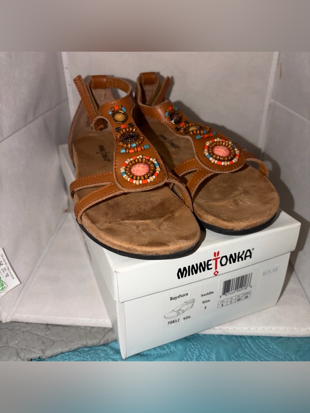 Minnetonka Saddle Brown Beaded T-Strap Sandals with Multicolor Accents